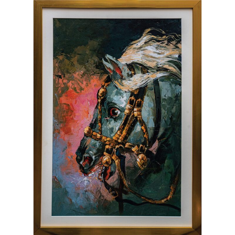A painting of a white horse with a gold bridle and mane, set in an ornate gold frame.
