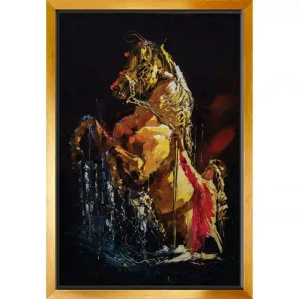This is the painting of the horse in gold color with black background.