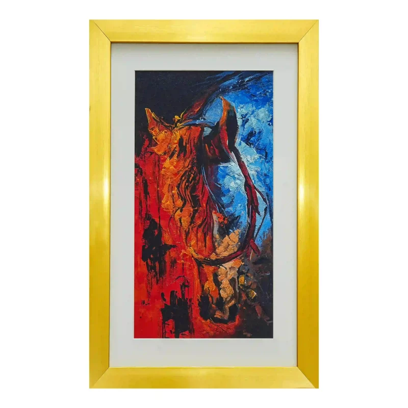 A horse's mane and head emerge from a swirl of golden hues in this abstract expressionist painting