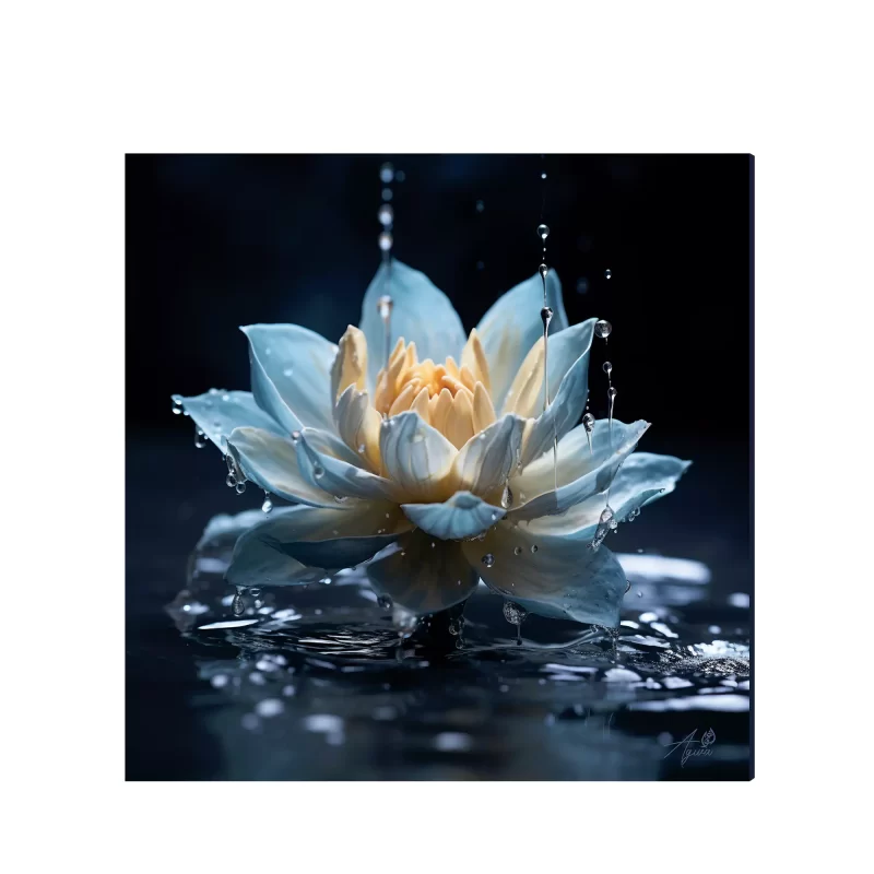 A digital painting of a blue lotus flower with water droplets on its petals.