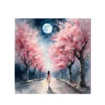 This is the digital painting of a girl walking on the road with beautiful view of trees.